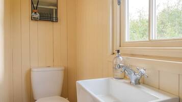 A bathroom with a white toilet, a sink with a soap dispenser, and a window with a view of greenery.