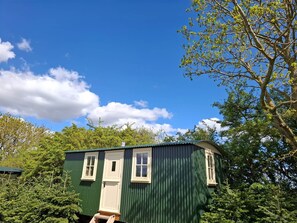 A small, single-story building with a green exterior and white trim, surrounded by lush greenery and trees.