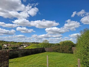 A rural landscape with a stone wall, grassy field, and scattered trees under a partly cloudy sky. - Hilltop Shepherds hut, hot tub & views of vineyard (Purleigh)
