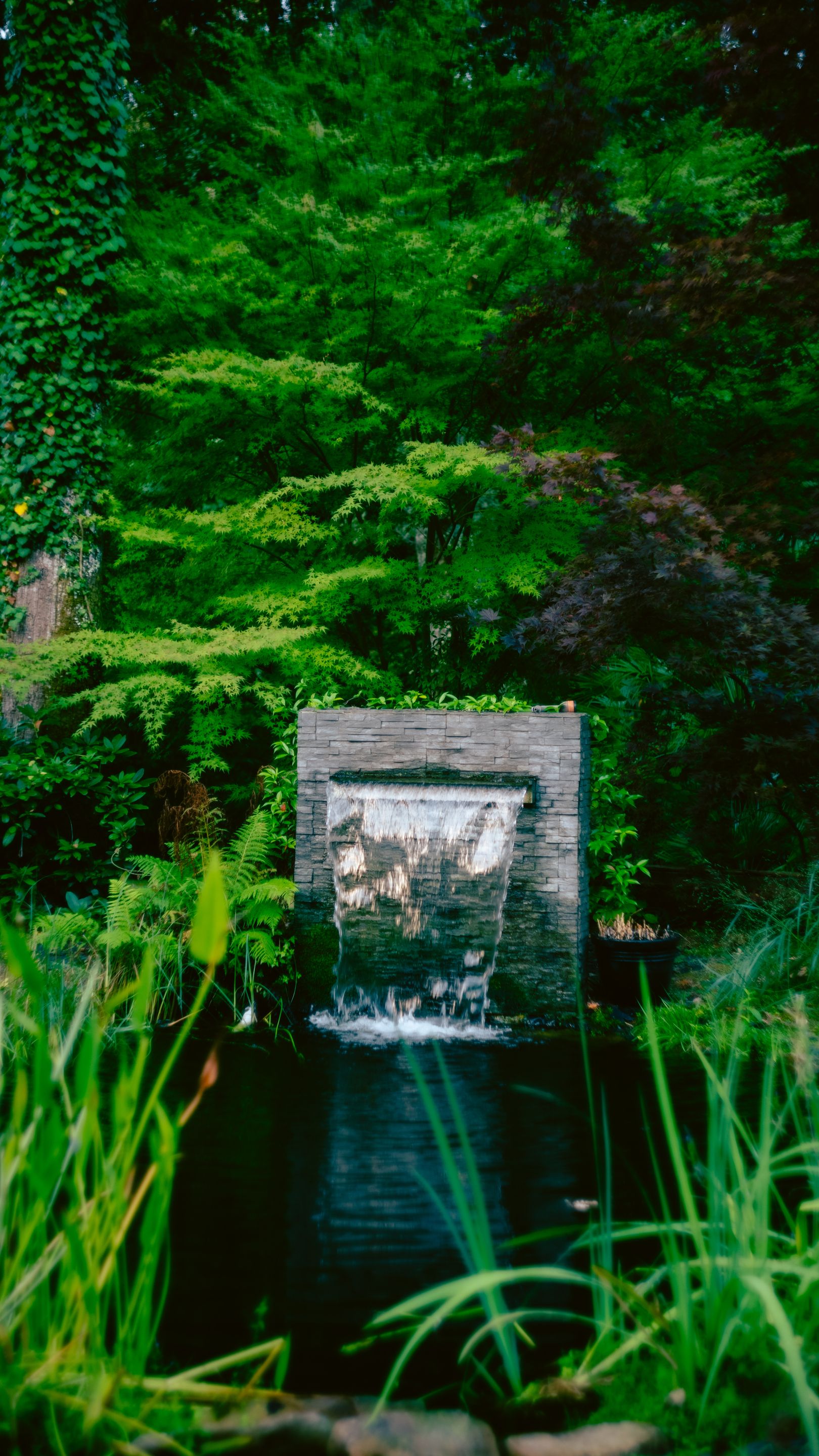 A waterfall cascading over a stone structure surrounded by lush greenery.