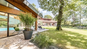 Una casa moderna con un patio de piedra, un árbol grande y una piscina.