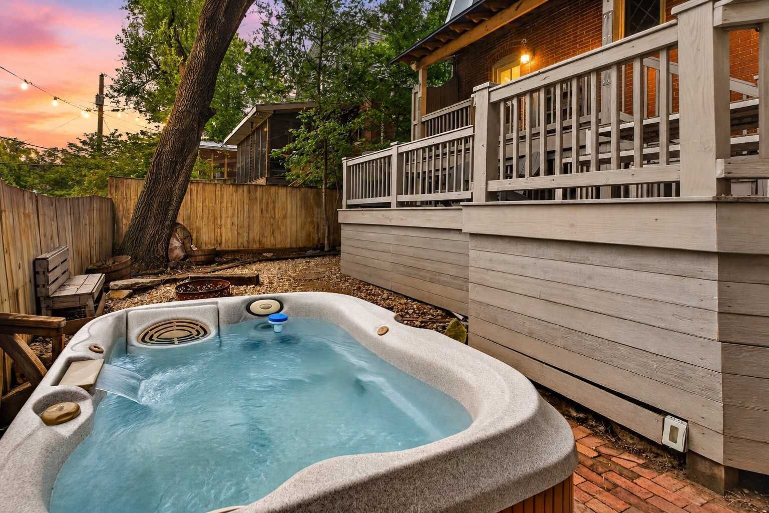 A hot tub in a backyard with a wooden deck and a house in the background.