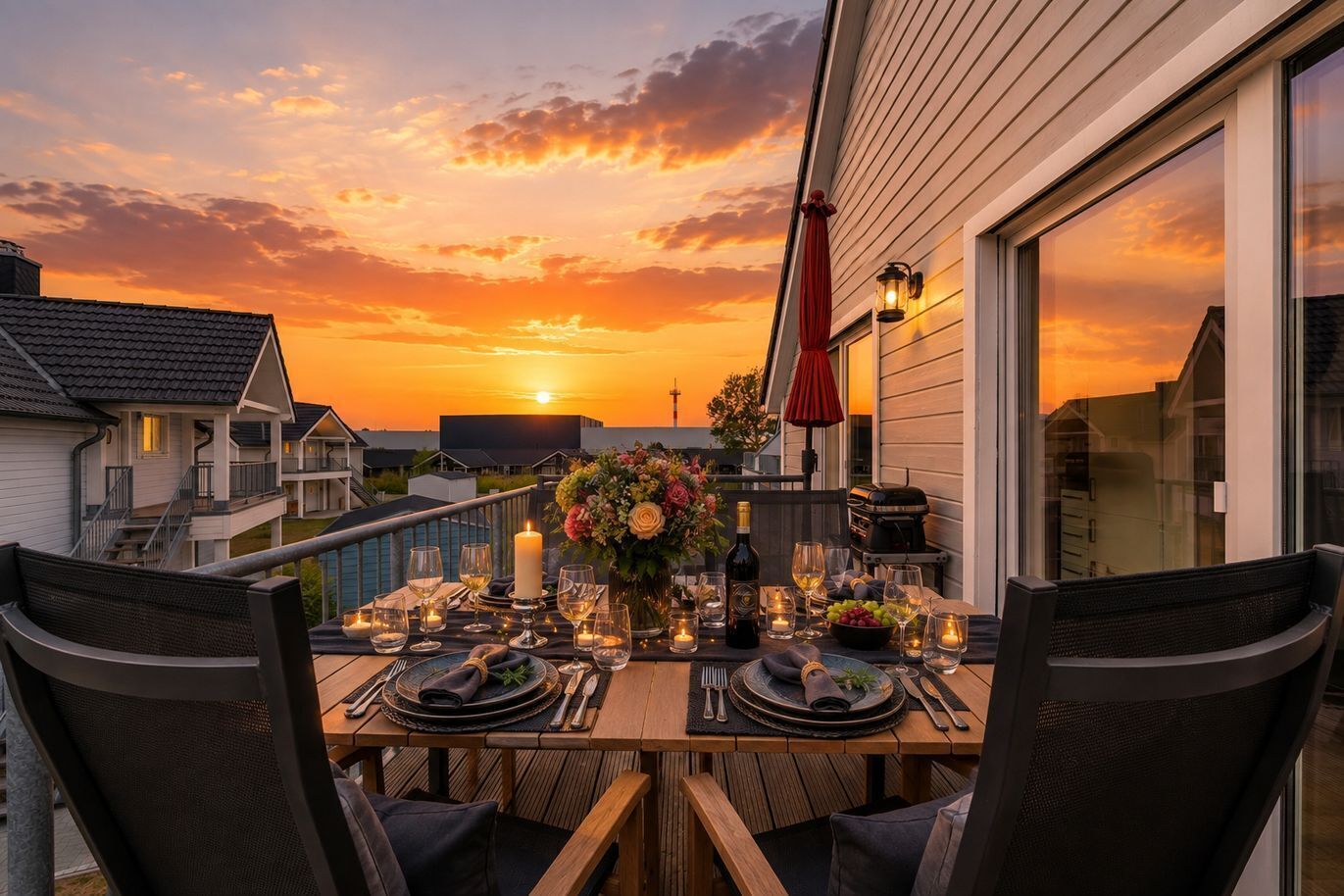 A sunset view from a balcony with a dining table set for two, featuring candles, a vase of flowers, and a bottle of wine.