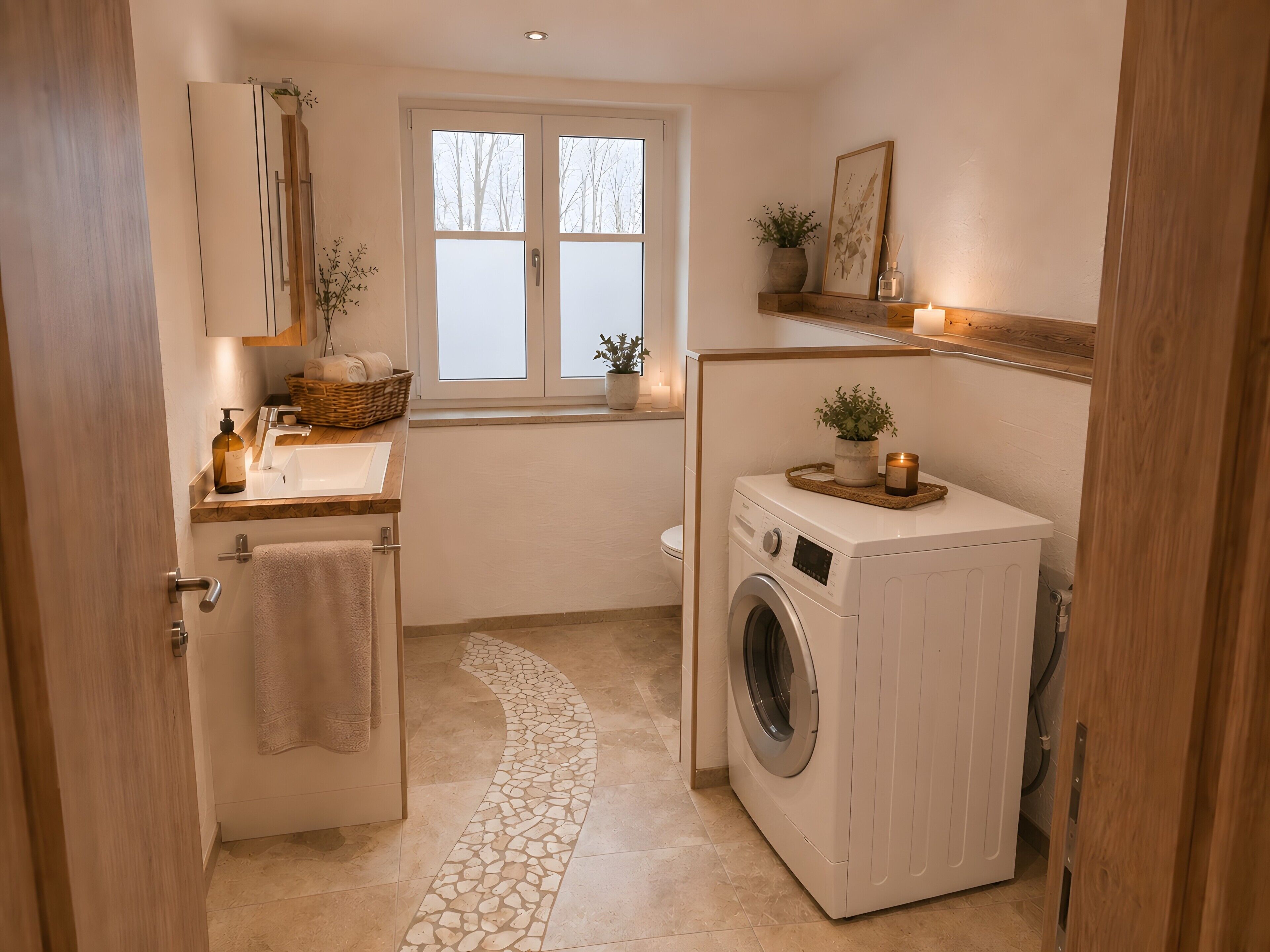 Une petite buanderie équipée d’un lave-linge, d’un évier et d’une fenêtre.