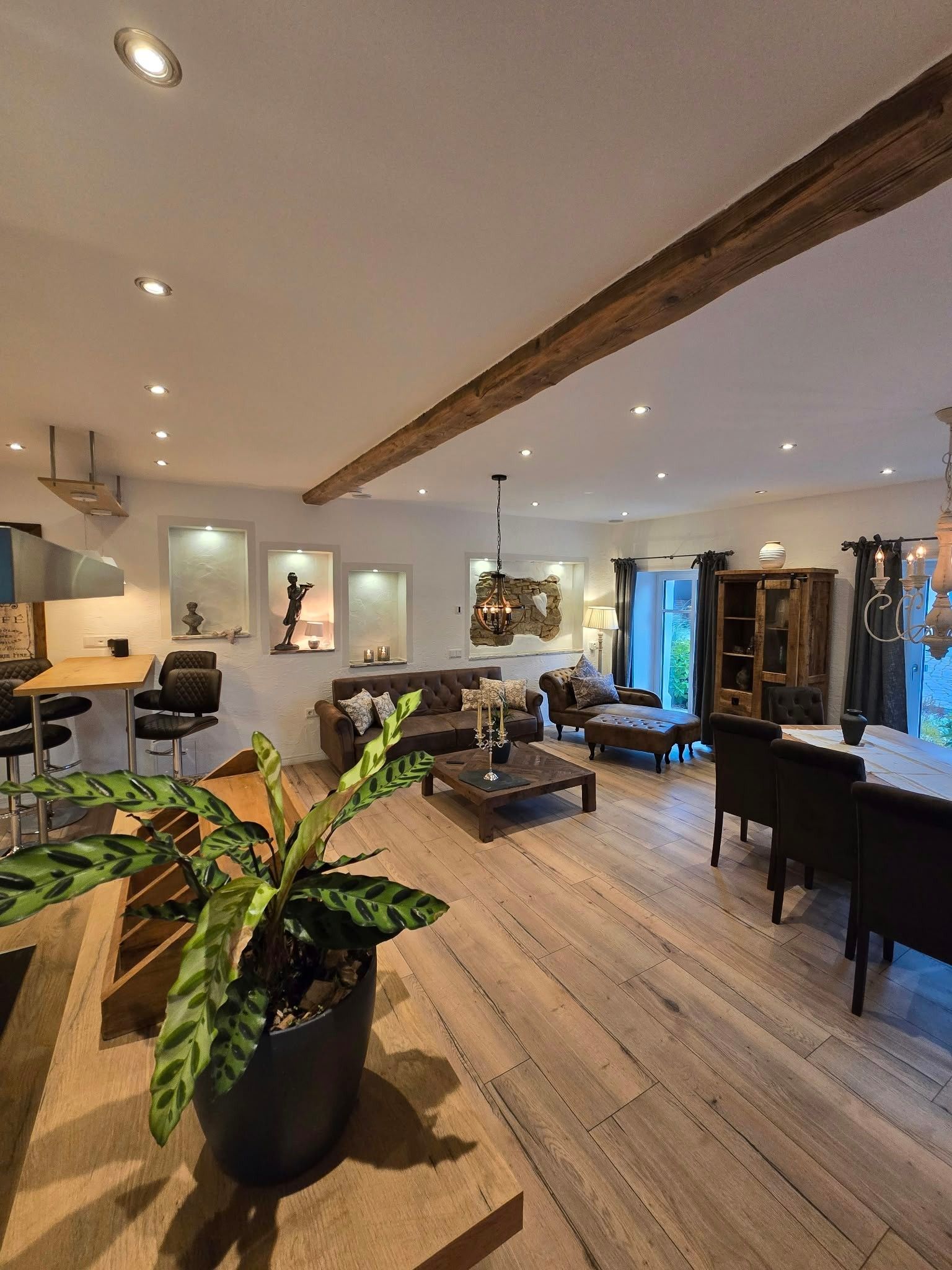 A spacious living room with a wooden floor, a large potted plant, and a dining area with a wooden table and chairs.