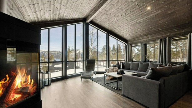 Una sala de estar moderna con chimenea, ventanas amplias y vistas al exterior.