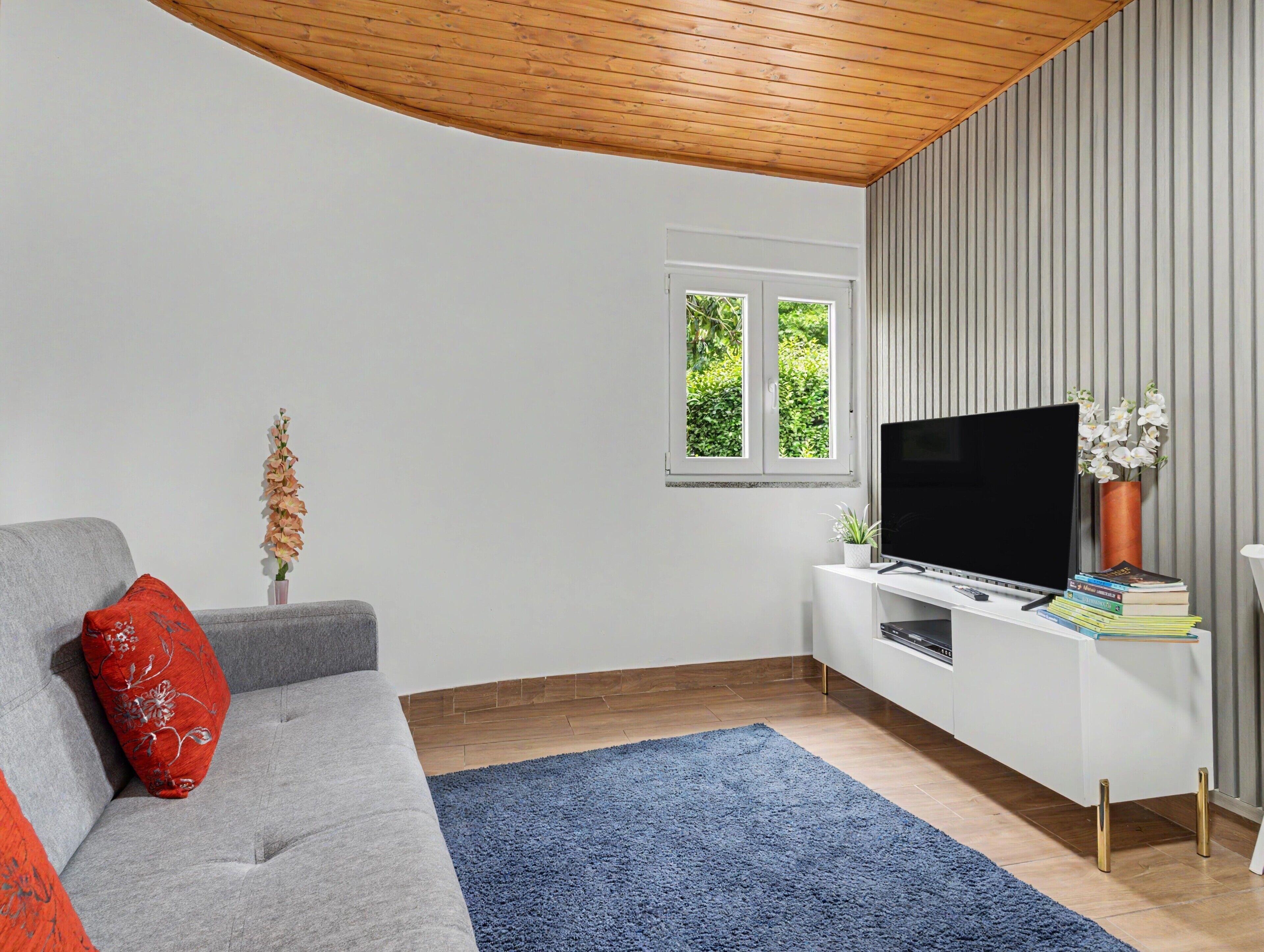 Ett modernt vardagsrum med en grå soffa, en blå matta, en tv på ett vitt tv-bord och ett fönster med utsikt över grönområden.
