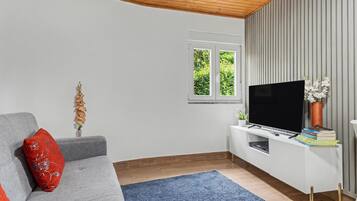 Ett modernt vardagsrum med en grå soffa, en blå matta, en tv på ett vitt tv-bord och ett fönster med utsikt över grönområden.