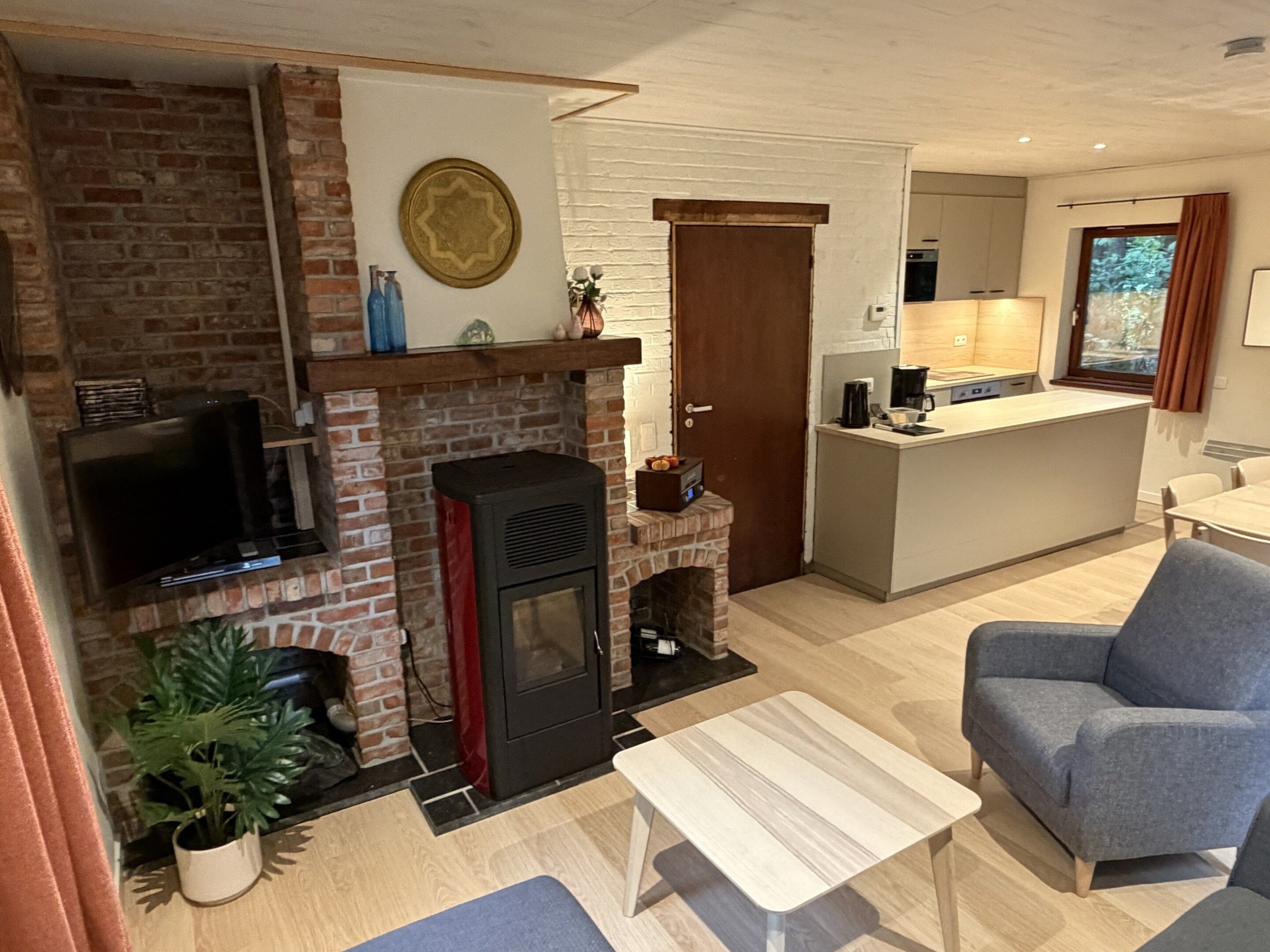 Una sala de estar con chimenea, televisor, sofá y una cocina al fondo.