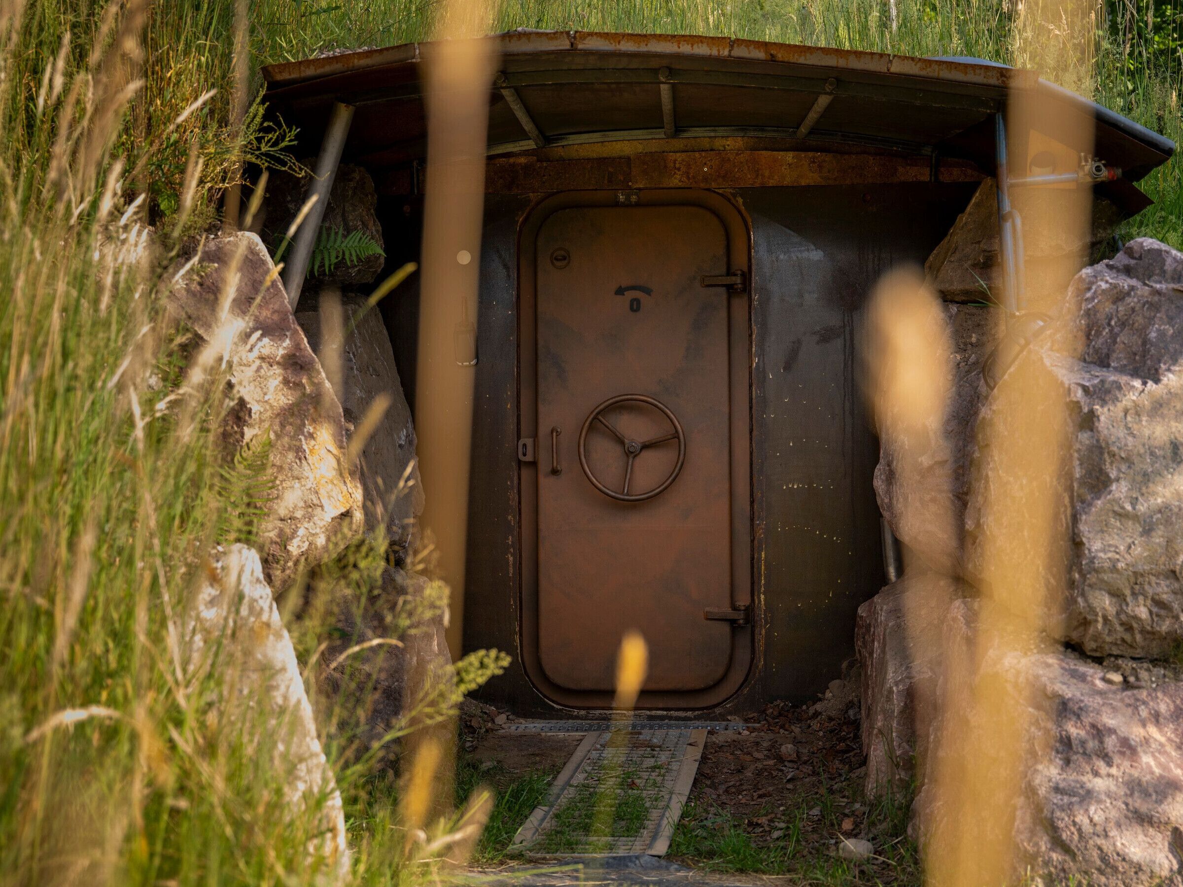 Une porte en métal, dotée d’une poignée et d’une serrure, intégrée à un environnement naturel composé de rochers et d’herbe.