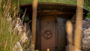 A metal door with a handle and a lock, set in a natural environment with rocks and grass.