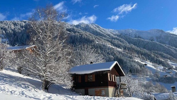 A wooden cabin with a snow-covered roof, surrounded by a forested mountain landscape. - Cozy chalet, pets welcome, mountain view - 11 guests (Beaufort)