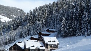 Un chalet enneigé composé de plusieurs bâtiments, entouré d’une forêt.