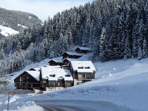 A snow-covered lodge with multiple buildings, surrounded by a forest. - Cozy apartment, pets welcome - 9 guests (Arêches-Beaufort)