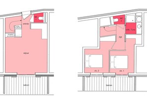 Ein Grundriss eines Hotels mit Balkon, Wohnzimmer, Schlafzimmer, Badezimmer und Küche.