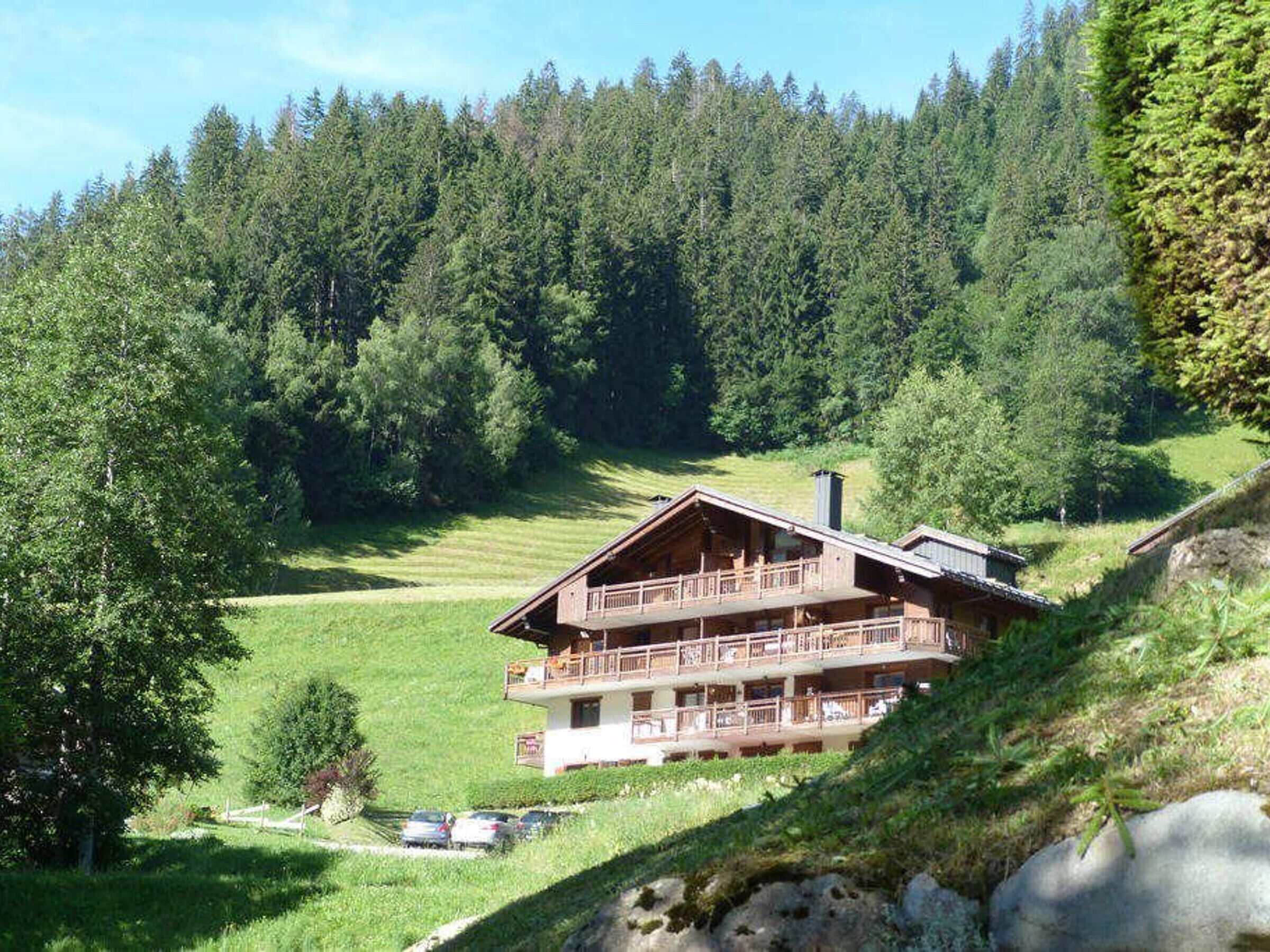 A chalet-style building with a balcony, surrounded by a forested hillside and a grassy field.