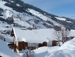 Eine Holzhütte mit schneebedecktem Dach, umgeben von verschneiter Landschaft und einem bewaldeten Berg im Hintergrund.