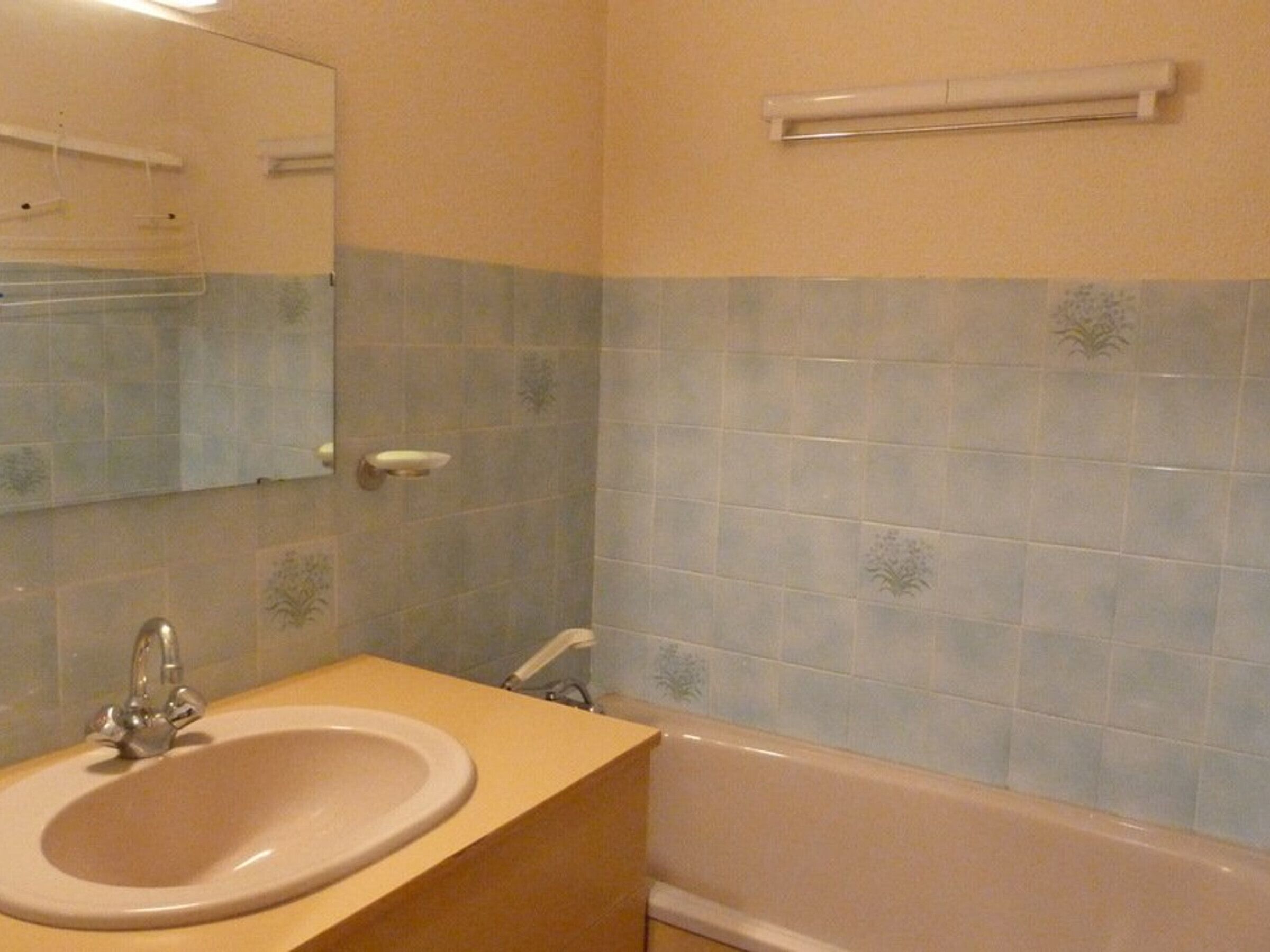 A bathroom with a sink, mirror, and bathtub.