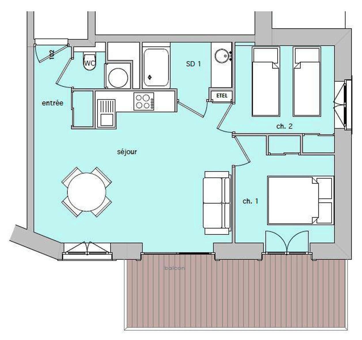 A floor plan of a hotel with a dining area, two bedrooms, a bathroom, and a kitchenette.