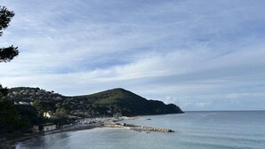 Un pueblo costero con puerto deportivo, costa rocosa y edificios en una ladera.