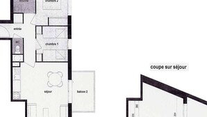 Een plattegrond van een hotelkamer met twee slaapkamers, een badkamer, een keuken, een woonkamer en een balkon.