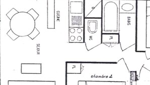 A floor plan with a dining area, kitchen, WC, and a bedroom labeled 'chambre 2'. - Apartment close to slopes - 4 guests (Arêches-Beaufort)