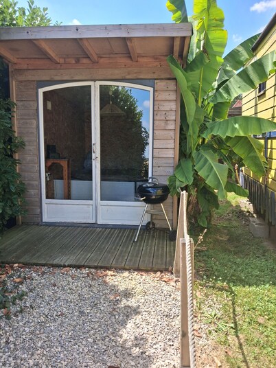 Rachel's Travel Trailer at Domaine du Reuze with a Hot Tub
