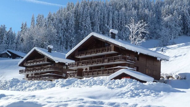Eine Holzhütte mit Balkon, umgeben von schneebedeckten Bäumen und blauem Himmel.