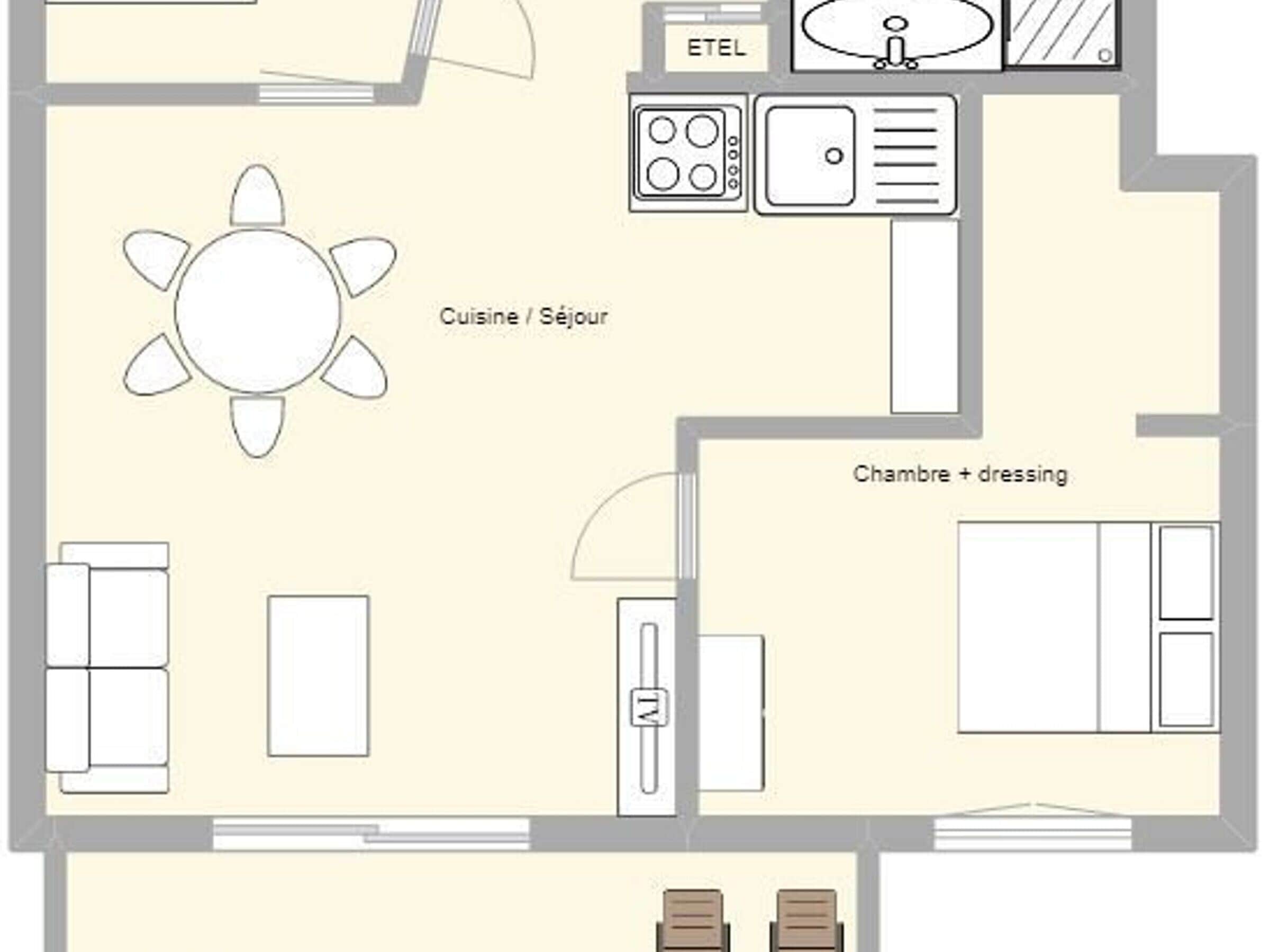Un aménagement de chambre d’hôtel comprenant un coin cuisine, un espace repas, une salle de bain et une chambre à coucher.