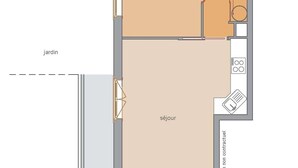 A floor plan with a living room, a kitchen, a bathroom, and a bedroom. - Cozy apartment - 6 guests (Arêches-Beaufort)