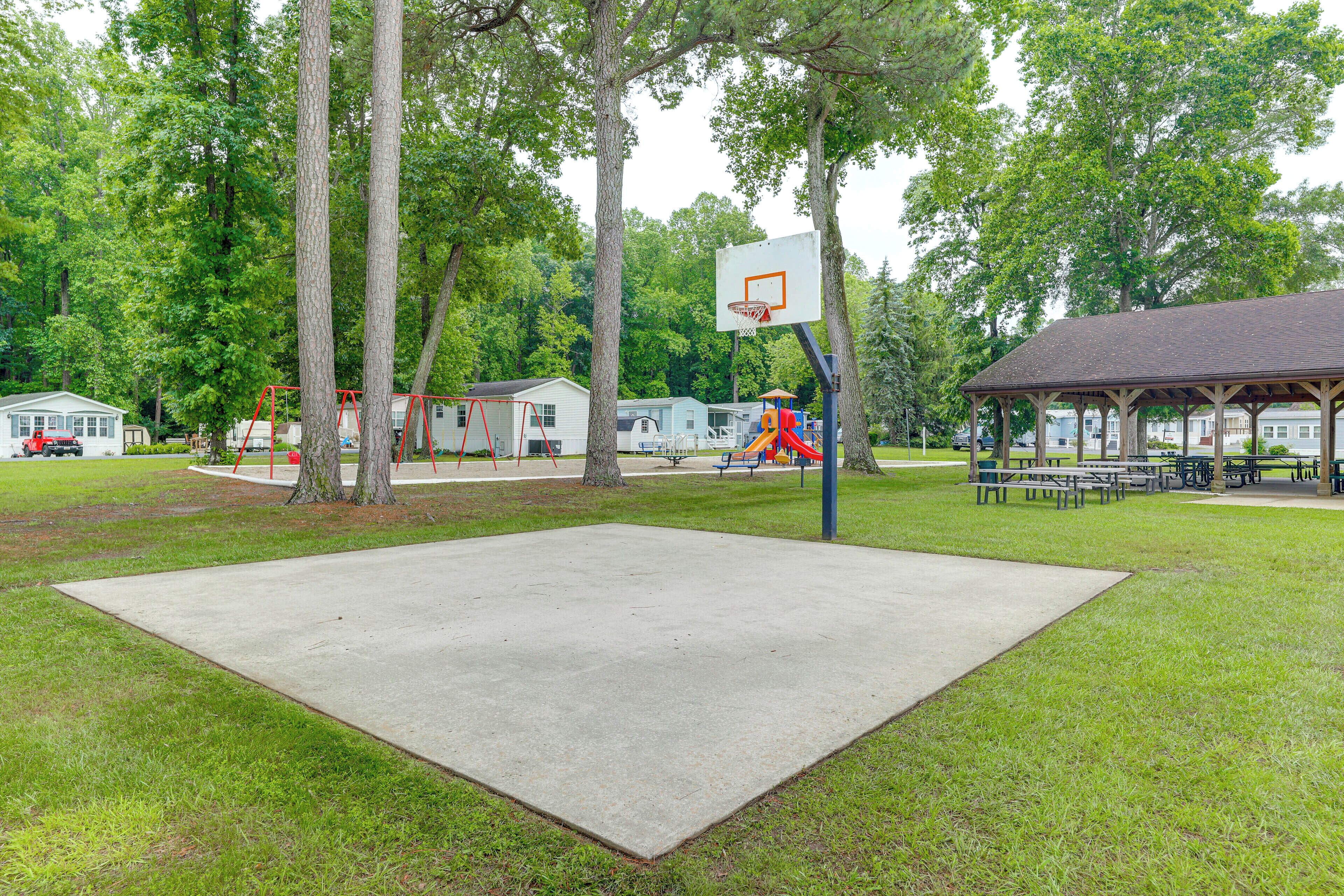 A basketball court with a hoop, surrounded by trees and picnic tables.