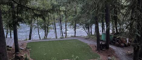 A forested area with a grassy patch, a wooden deck, and a view of a body of water.