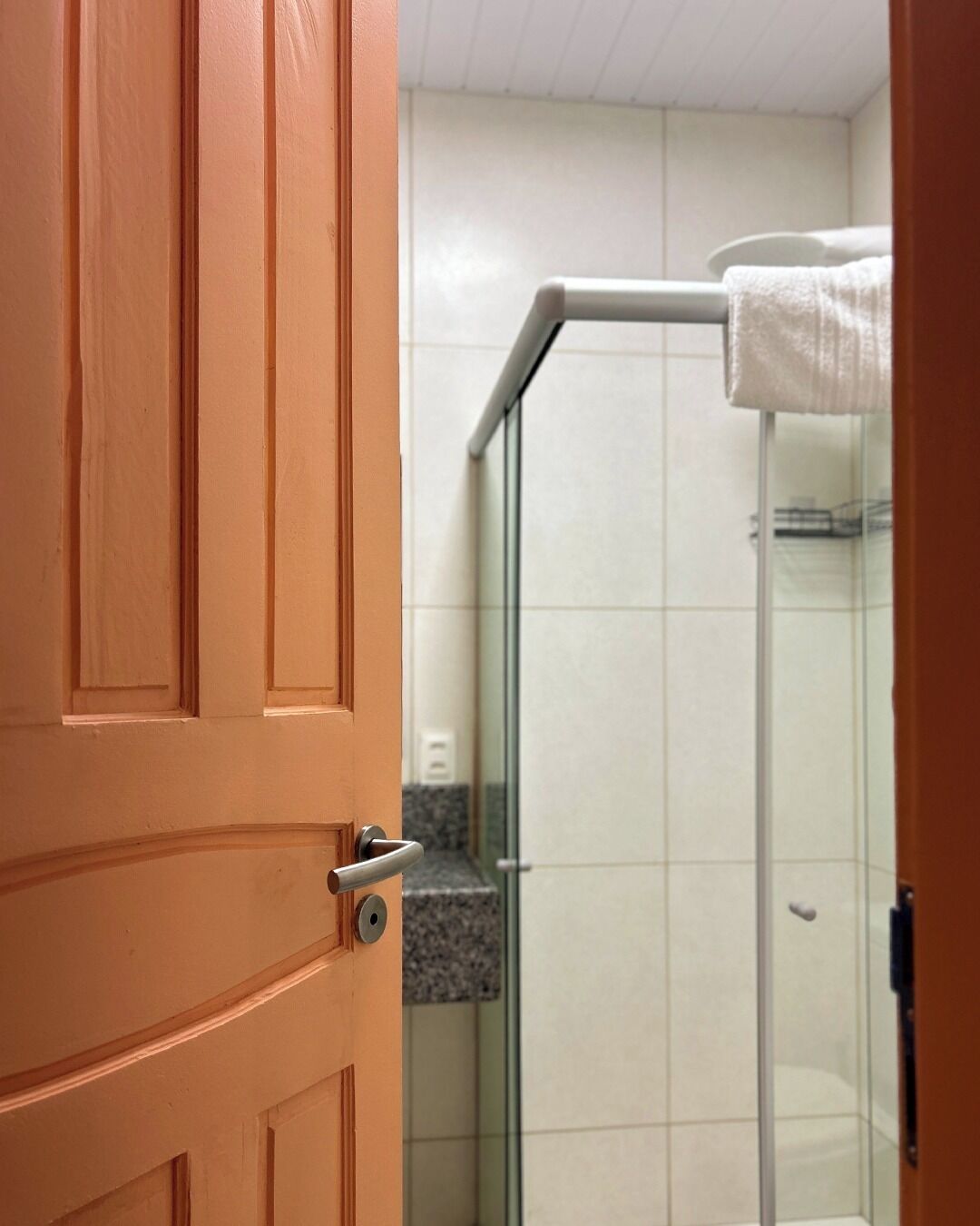A bathroom with a wooden door, a glass shower enclosure, and a white towel hanging on the shower door handle.