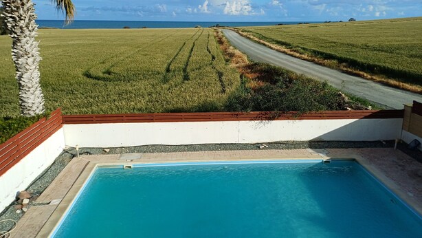 A swimming pool with a view of a road leading to the ocean, surrounded by a grassy field and a palm tree. - Beautiful Sea Views Private Pool 3 Bed Beach Villa (Perivolia)