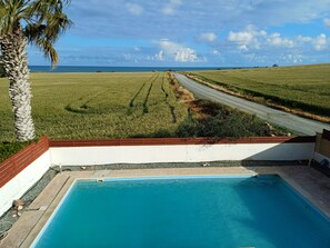 Ein Schwimmbecken mit Blick auf eine Straße, die zum Meer führt, umgeben von einer grünen Wiese und einer Palme.