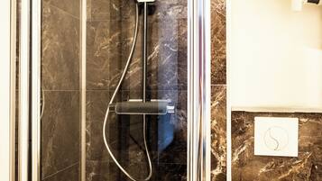 Shower, towels, toilet paper
