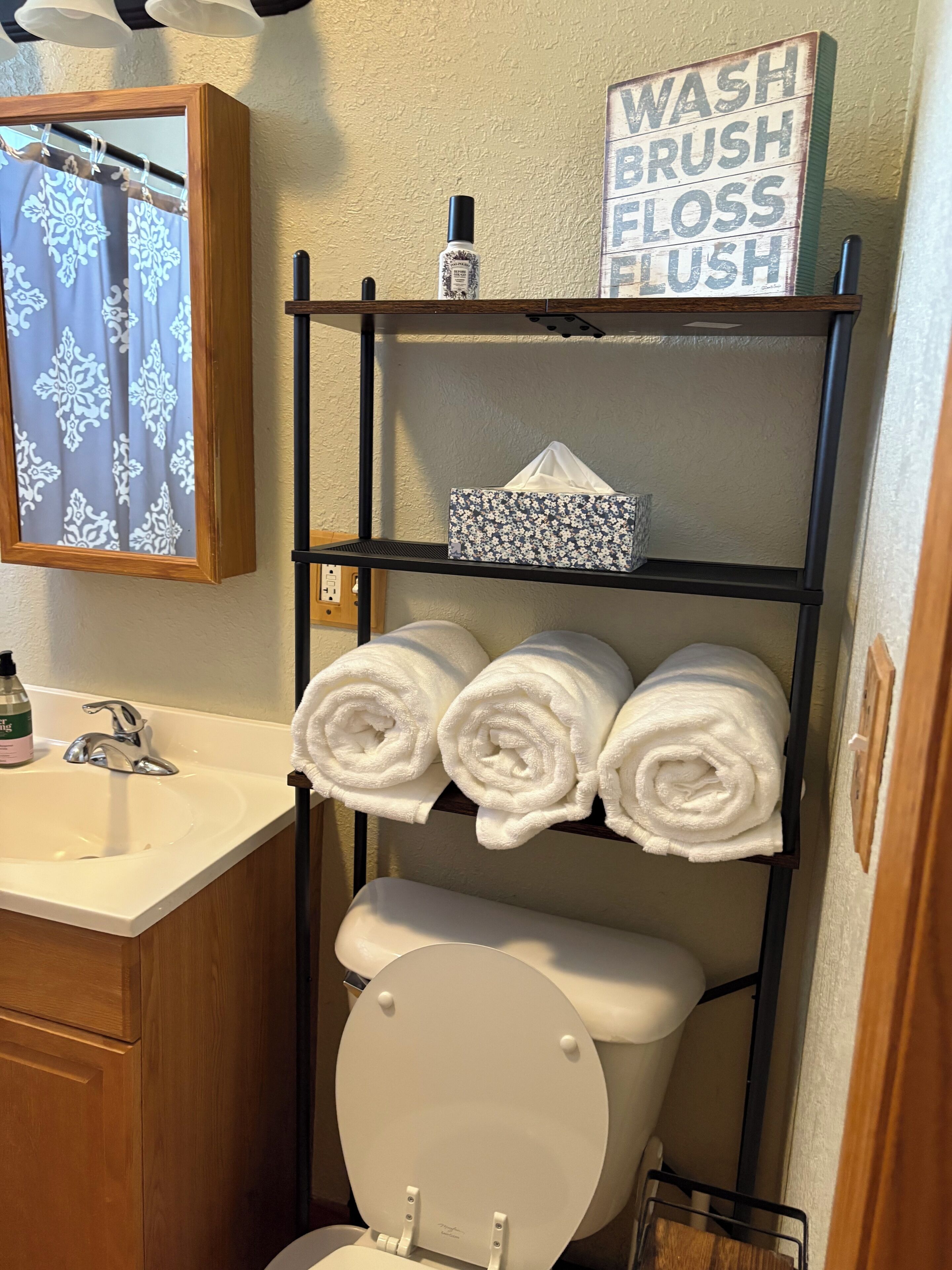 Hair dryer, towels, soap, toilet paper