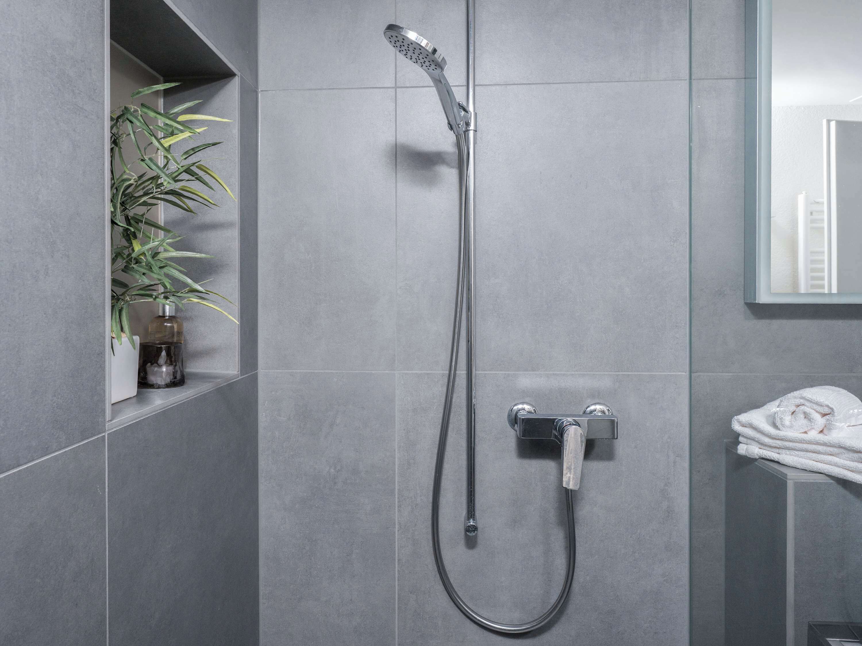 Douche, serviettes fournies, shampoing