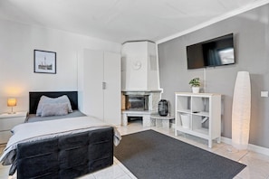 Een moderne slaapkamer met een bed, een open haard, een televisie en een surfplank.