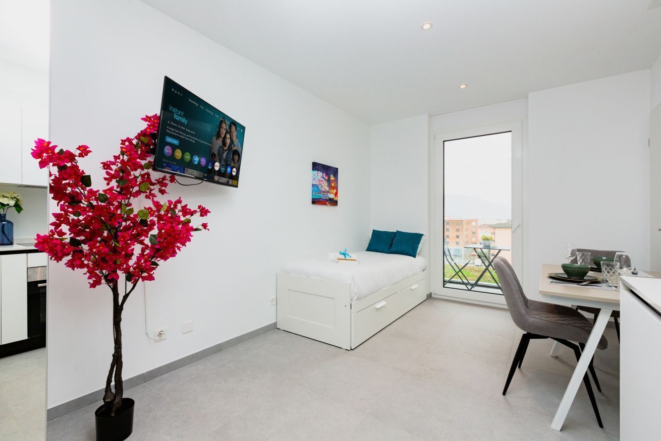 A modern, well-lit room with a bed, a desk, and a television.