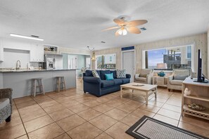 Living area - Classic Beach Cottage | Gulf Views + Wraparound Deck (Dauphin Island)