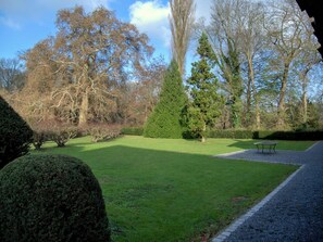 Ein gepflegter Garten mit verschiedenen Bäumen, einem ordentlich geschnittenen Rasen und einem Kiesweg, der zu einer Sitzgelegenheit führt.