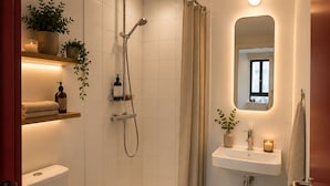 A bathroom with a shower, toilet, sink, and a mirror. - Maison Bruxelles (Schaerbeek)