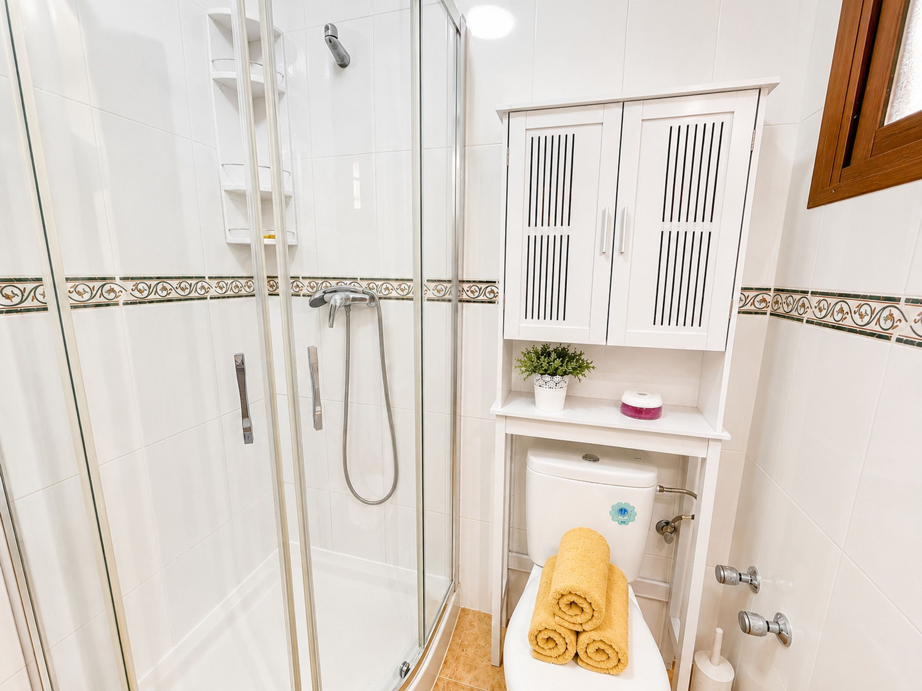 A modern bathroom with a glass shower enclosure, white cabinetry, and a small potted plant.