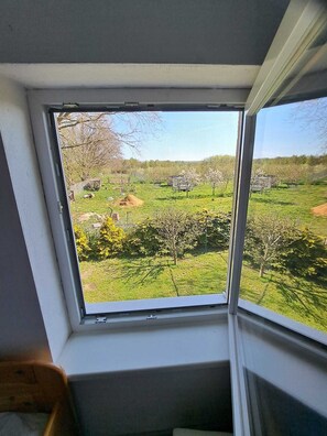 Ein Zimmer mit großem Fenster mit Blick auf ein grasbewachsenes Feld mit Bäumen und blauem Himmel.