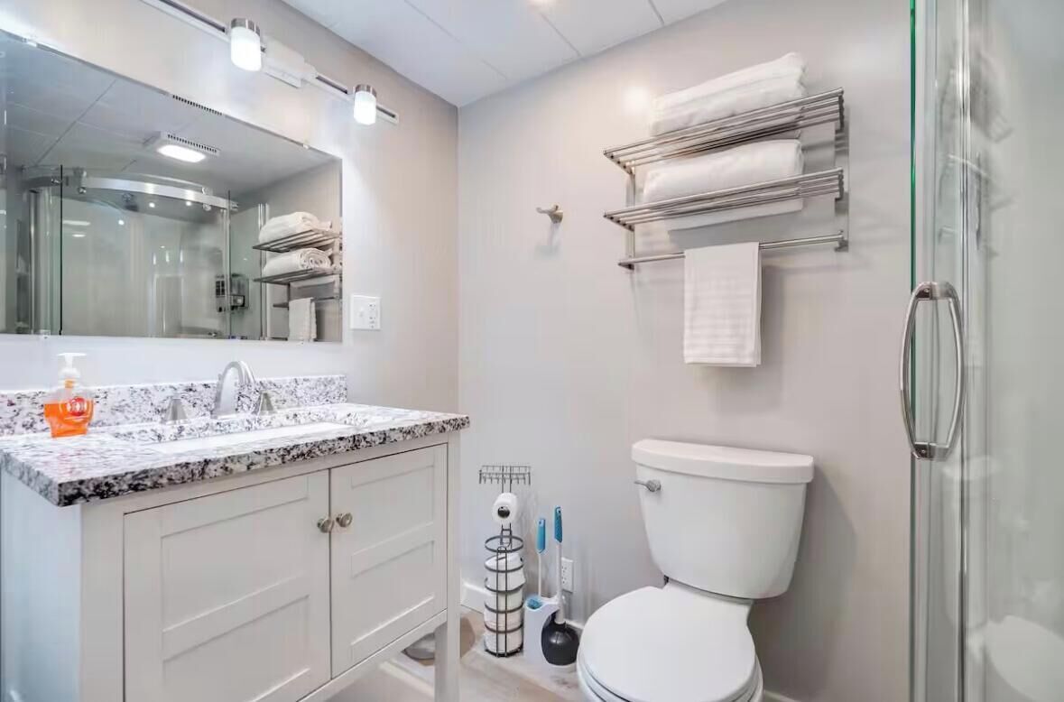 Shower, towels, soap, toilet paper