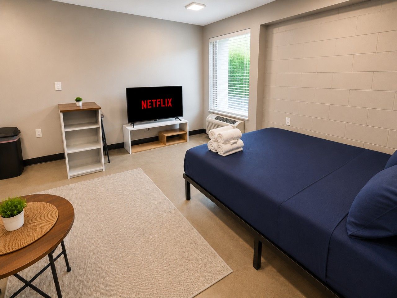 A bedroom with a bed, a TV, a small table with a plant, a window with blinds, and a trash bin.