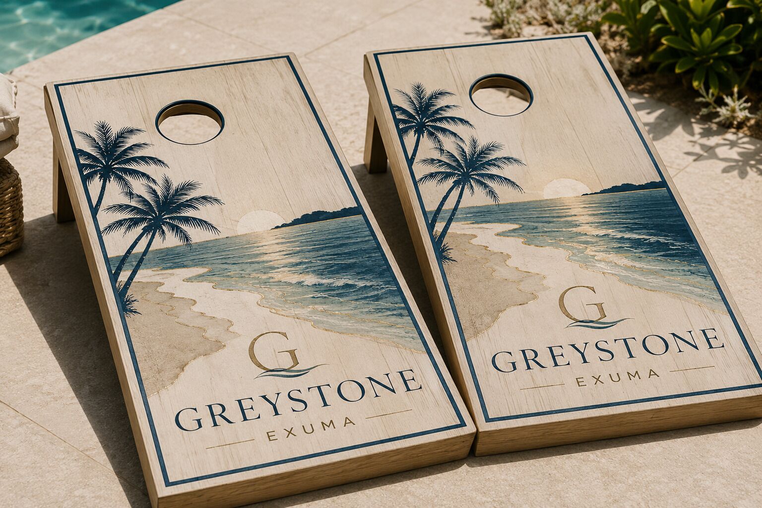 Two wooden boards with 'GREYSTONE EXUMA' branding, featuring a beach scene with palm trees and waves.
