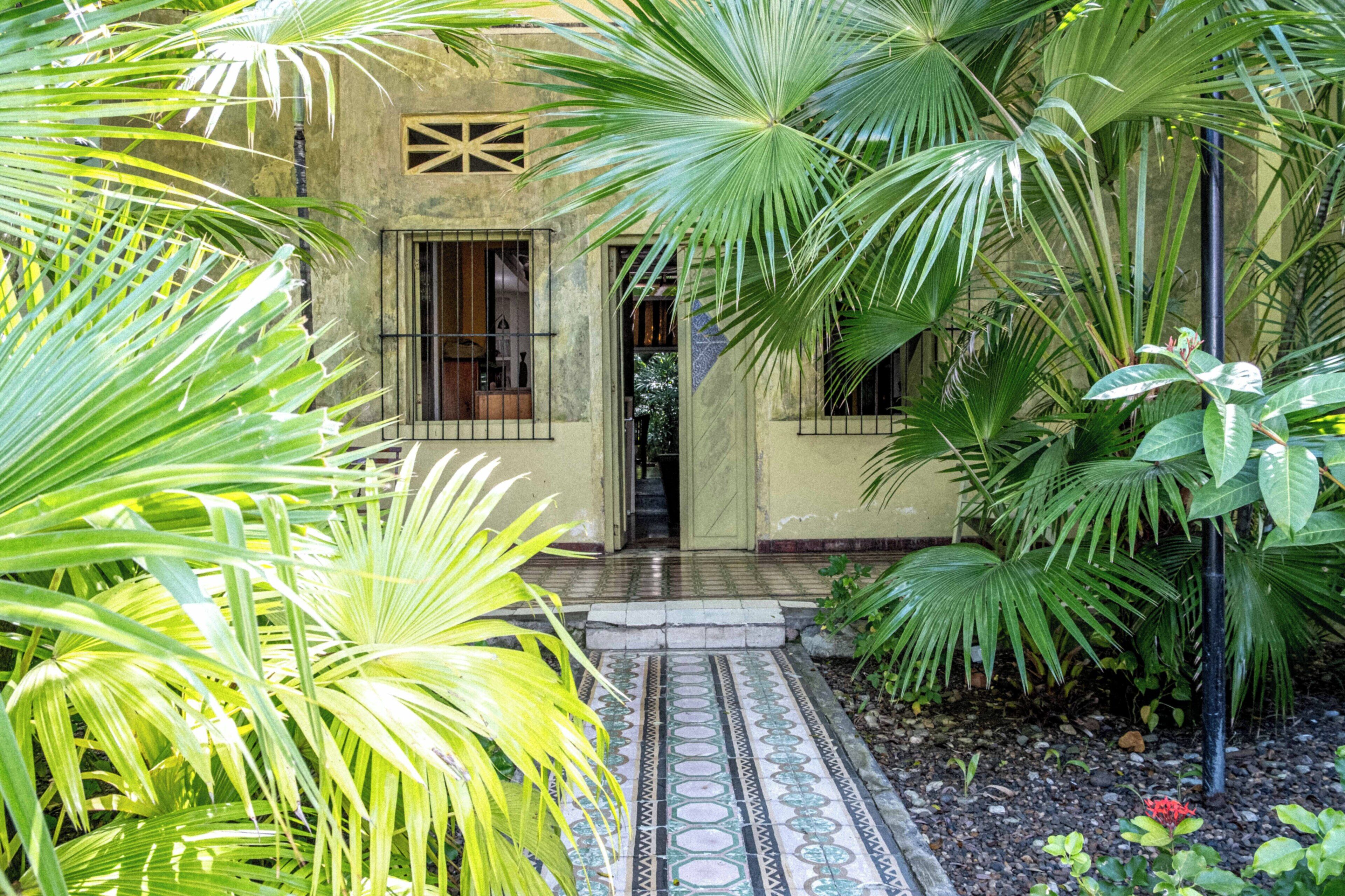 A building with a tiled entrance, surrounded by lush greenery and palm trees.