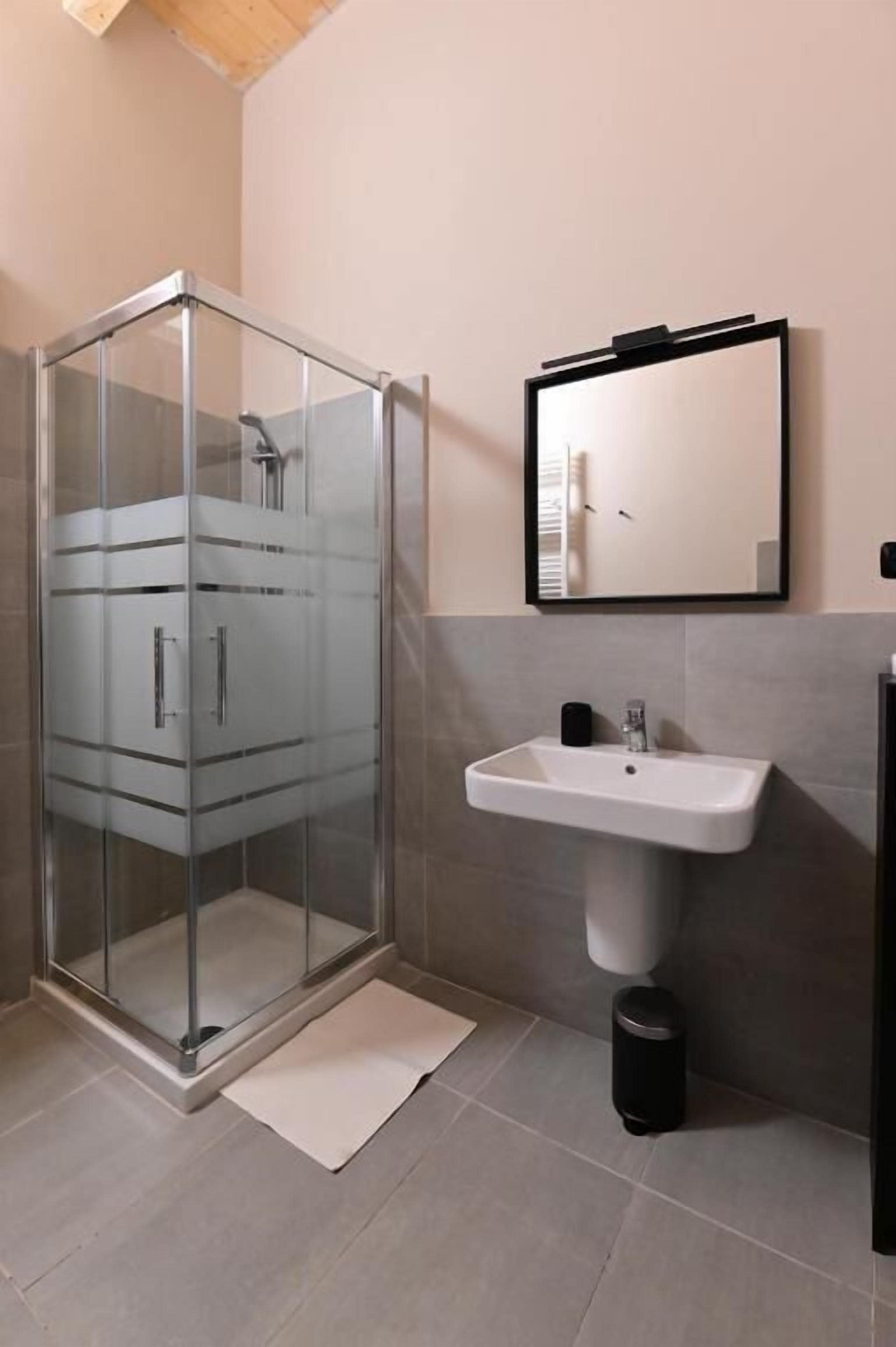 A modern bathroom with a glass shower enclosure, a sink, and a mirror.